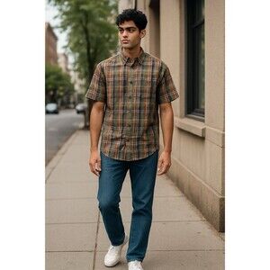 Roundtree Yorke Men’s Green Plaid Polo Button Up Shirt Size XL